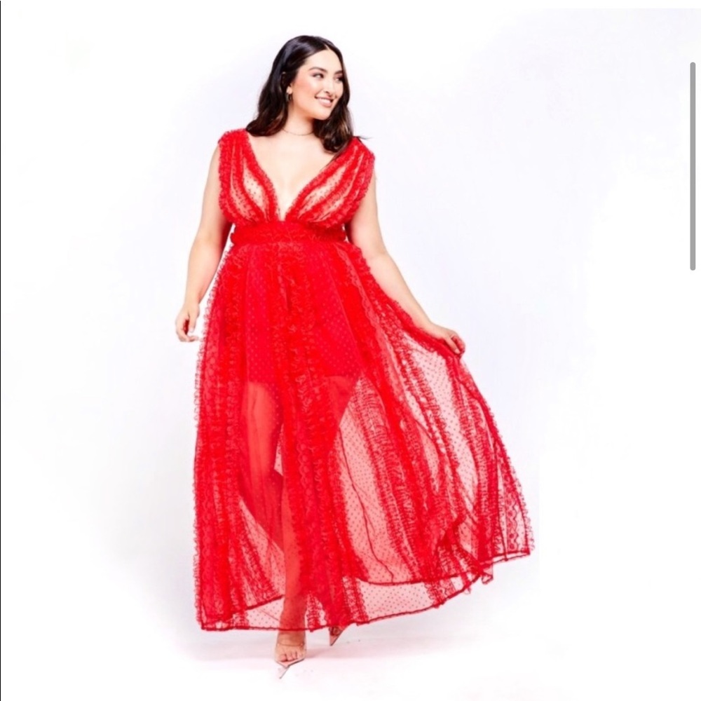Empire Waist Red Ruffles Maxi Plus V Neck Dress